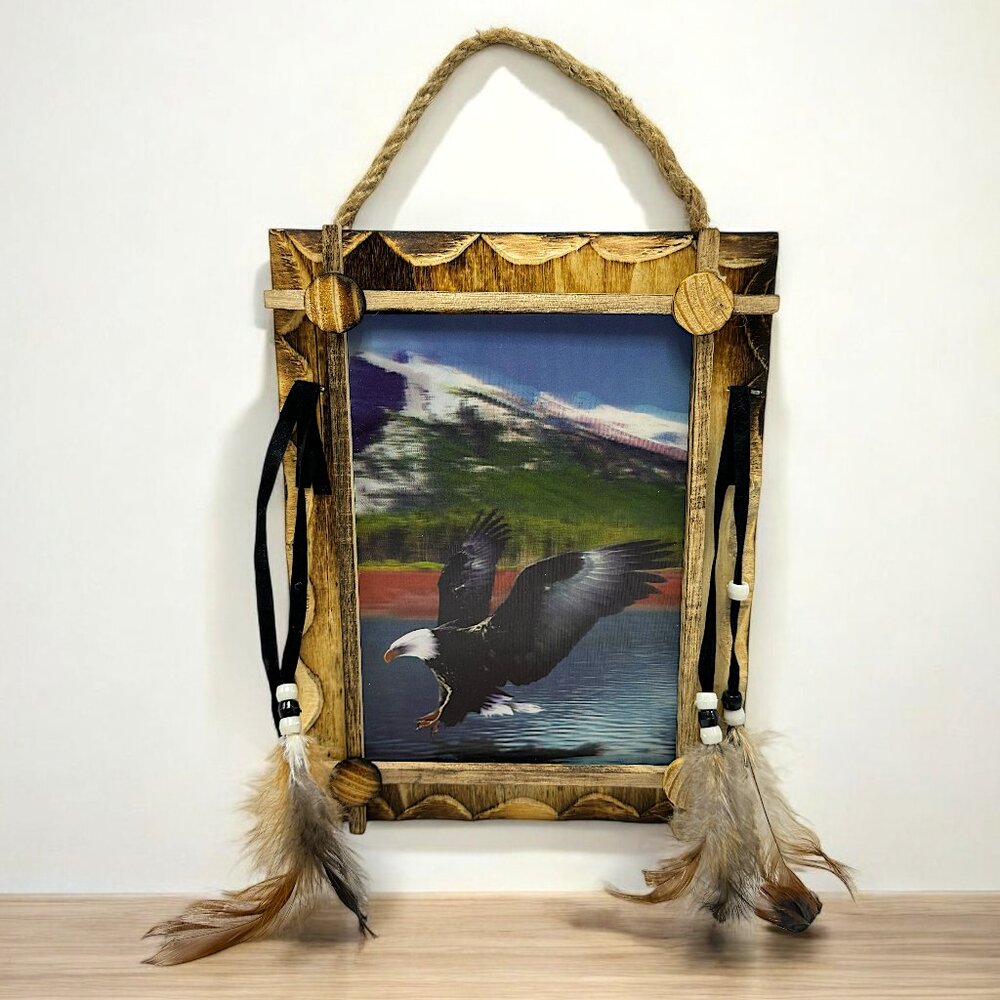 Lenticular Bald Eagle Image in Rustic Wooden Frame and Feathers Accents